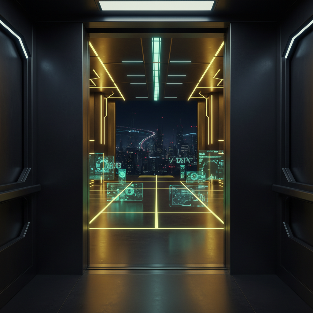 Futuristic lift doors opening onto a vibrant creator floor